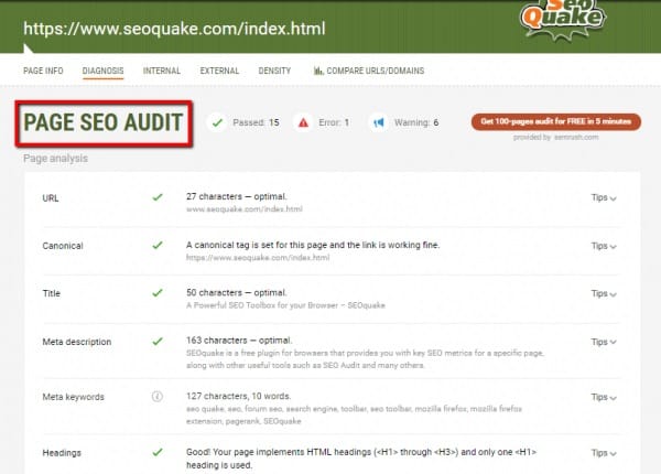 Page SEO audit SEOquake