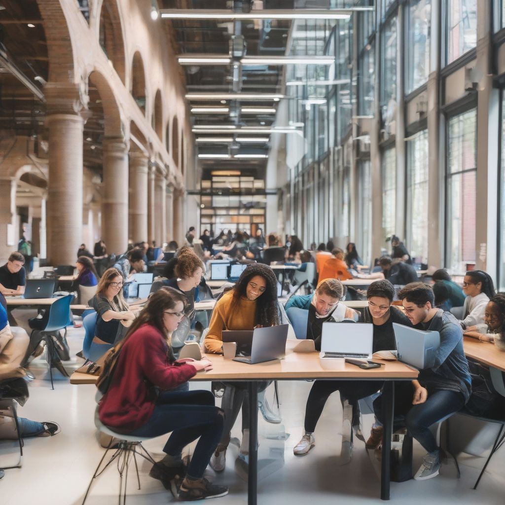 Modern university campus with students collaborating on laptops.