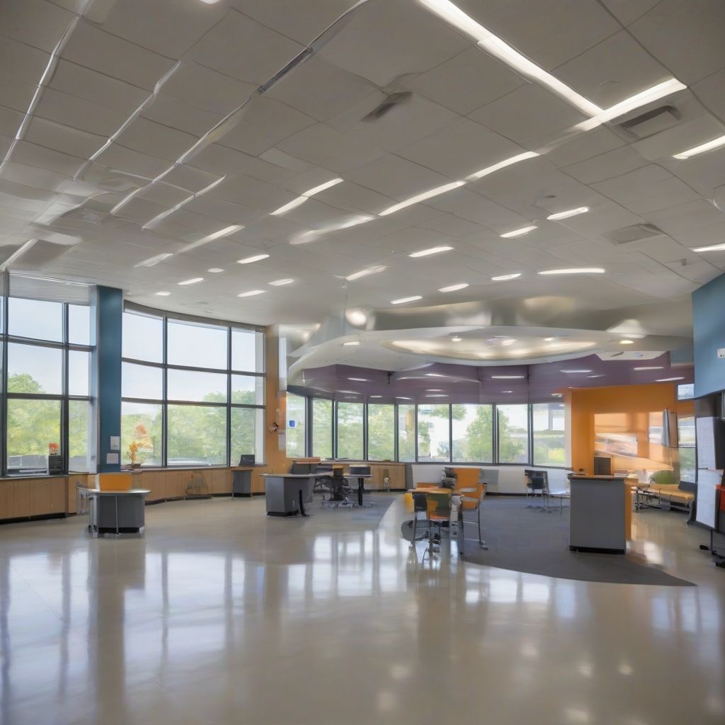 Modern building with large windows and a sign that reads "TBA Career-Tech Center"